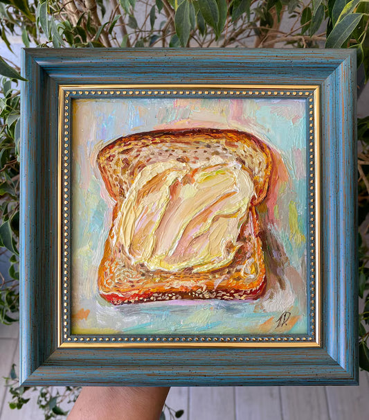 Bread and Butter Painting Original Framed oil Artwork Impasto Painting Breakfast Art Small Kitchen Food Decor